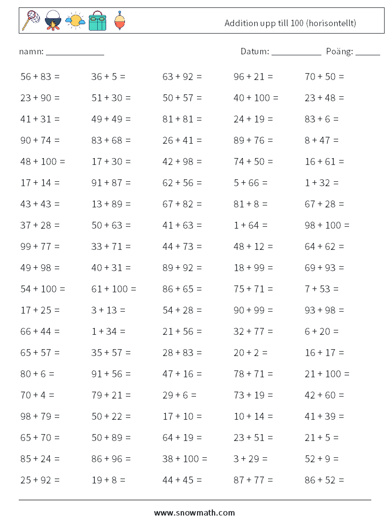 (100) Addition upp till 100 (horisontellt) Matematiska arbetsblad 9