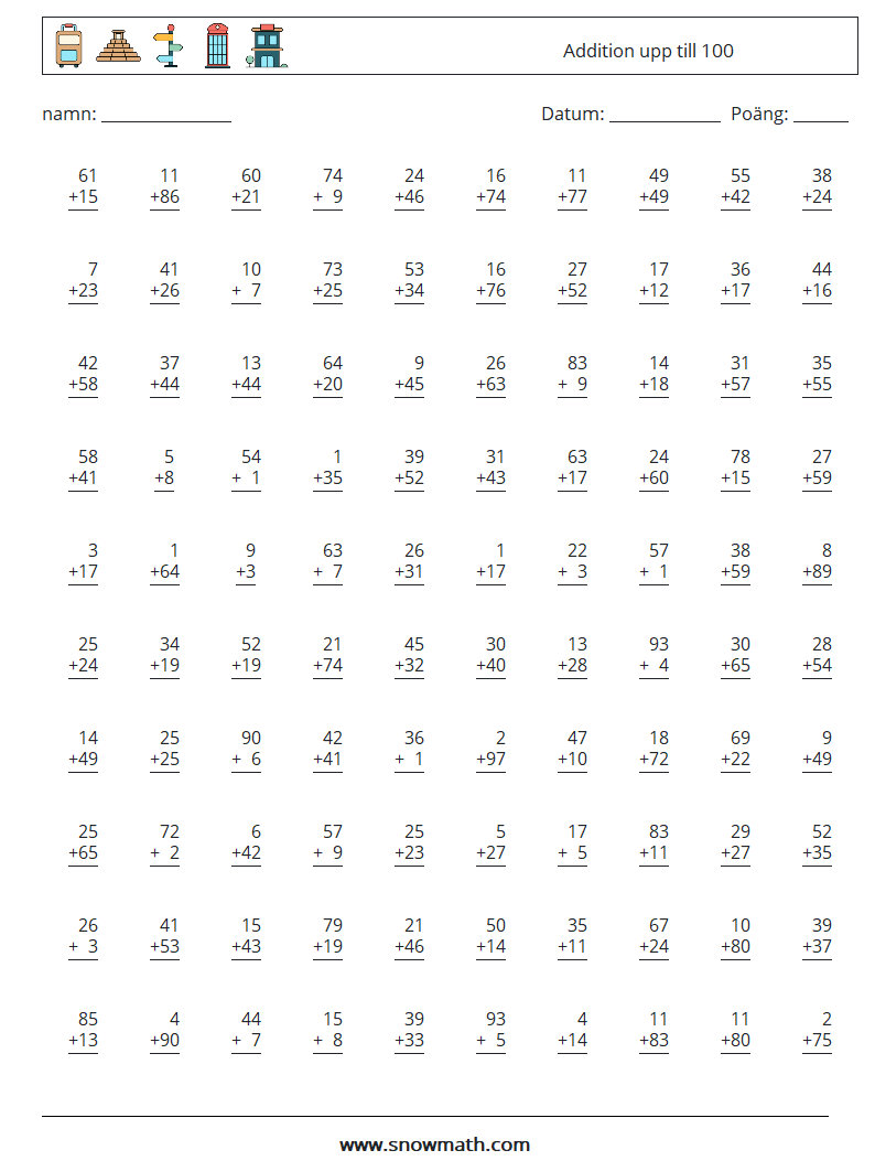 (100) Addition upp till 100 Matematiska arbetsblad 10