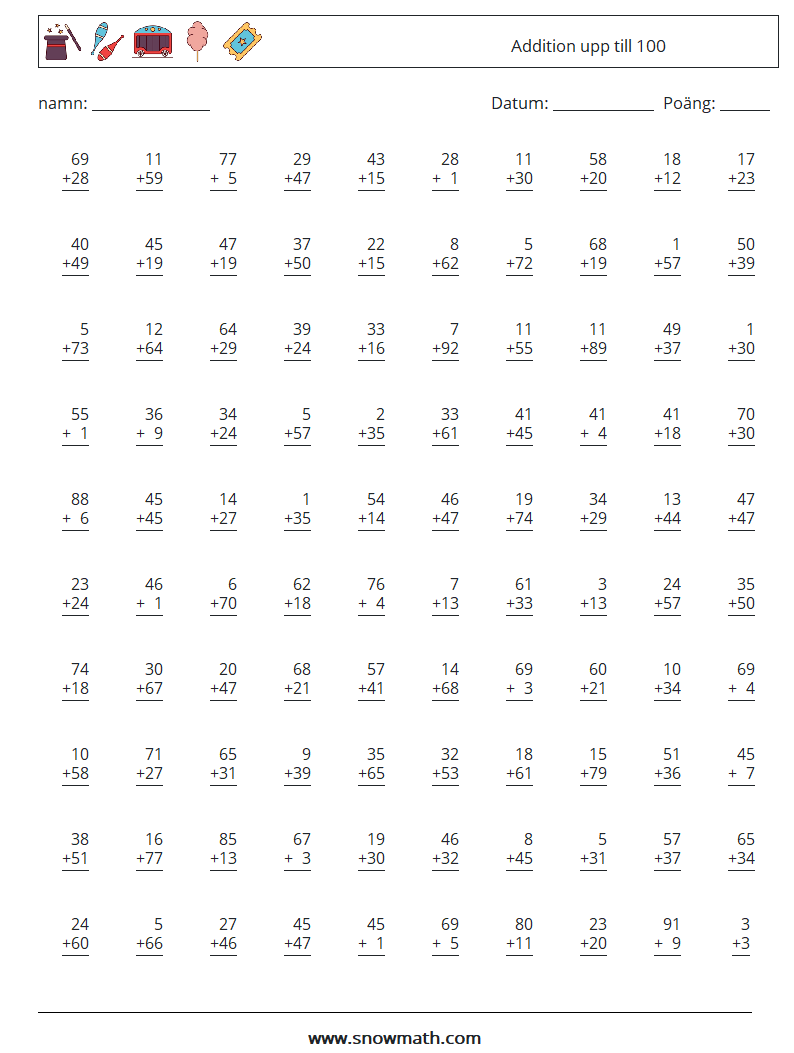 (100) Addition upp till 100 Matematiska arbetsblad 11