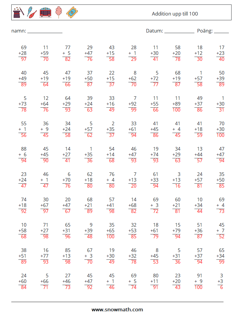 (100) Addition upp till 100 Matematiska arbetsblad 11 Fråga, svar