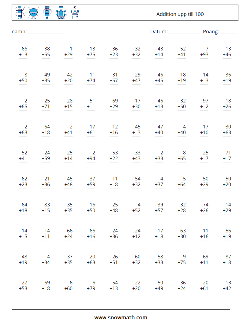 (100) Addition upp till 100 Matematiska arbetsblad 12