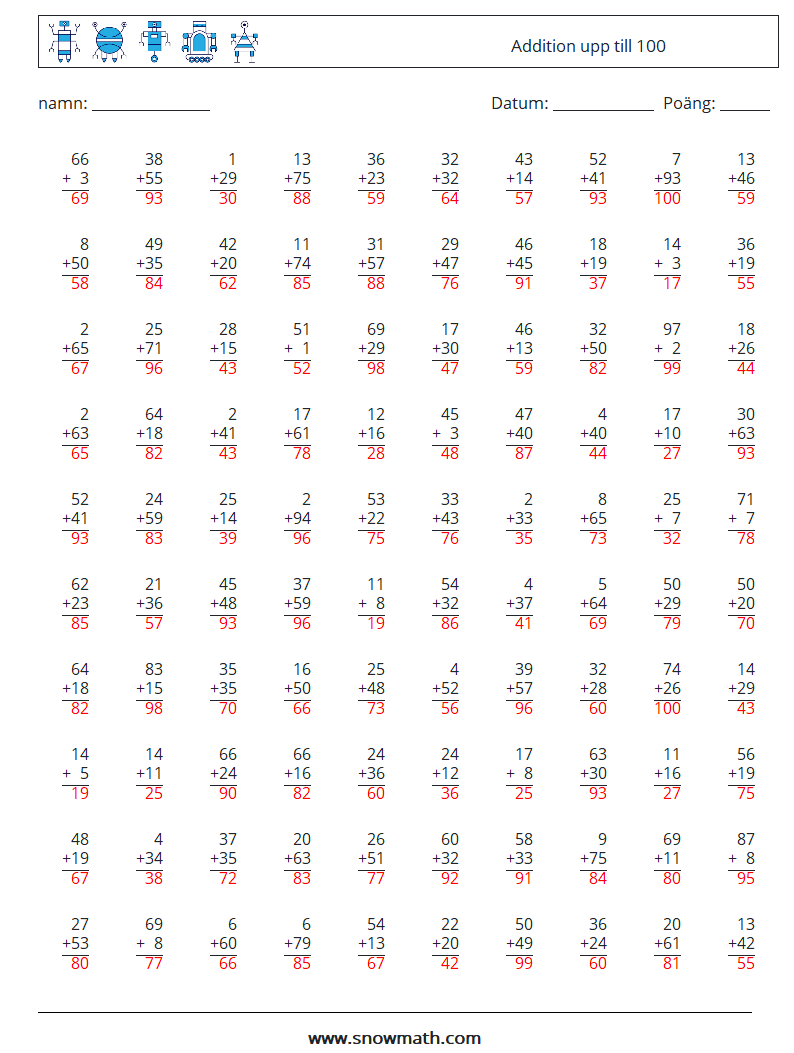 (100) Addition upp till 100 Matematiska arbetsblad 12 Fråga, svar