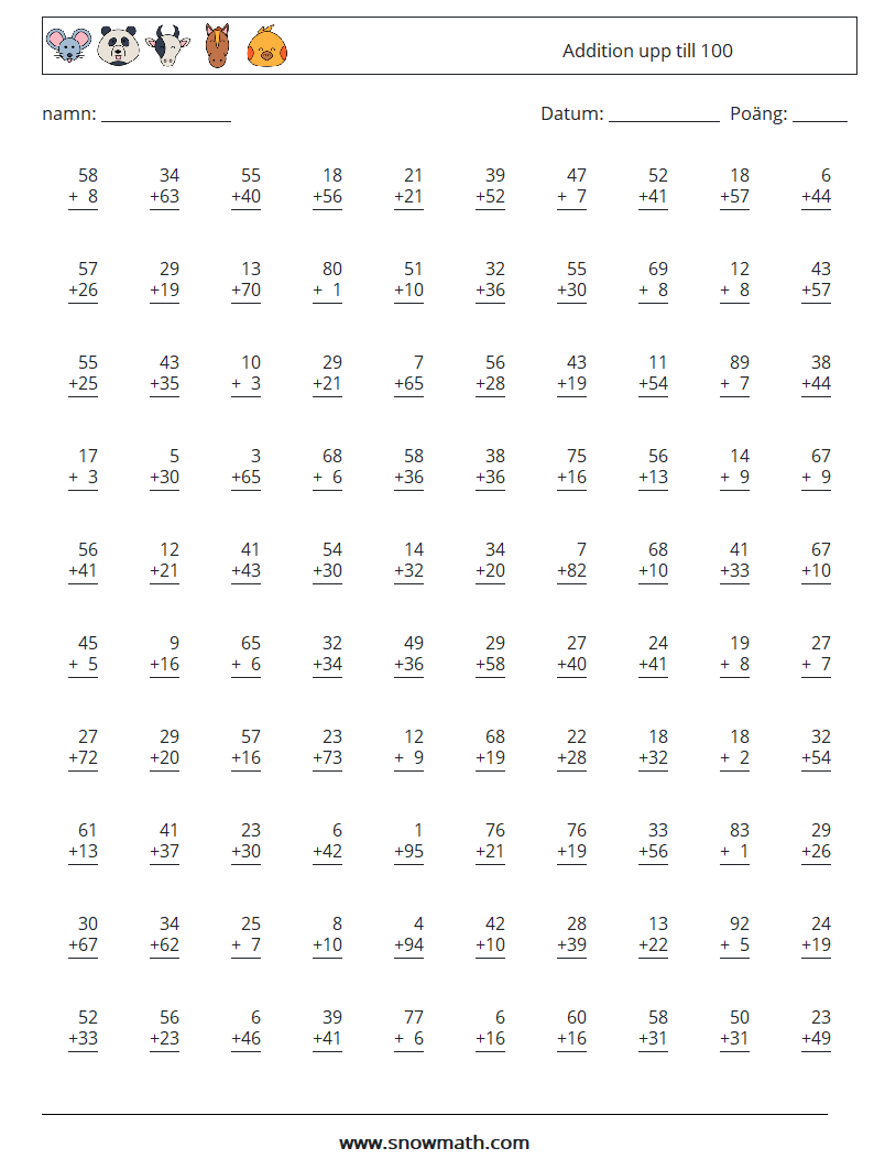 (100) Addition upp till 100 Matematiska arbetsblad 14