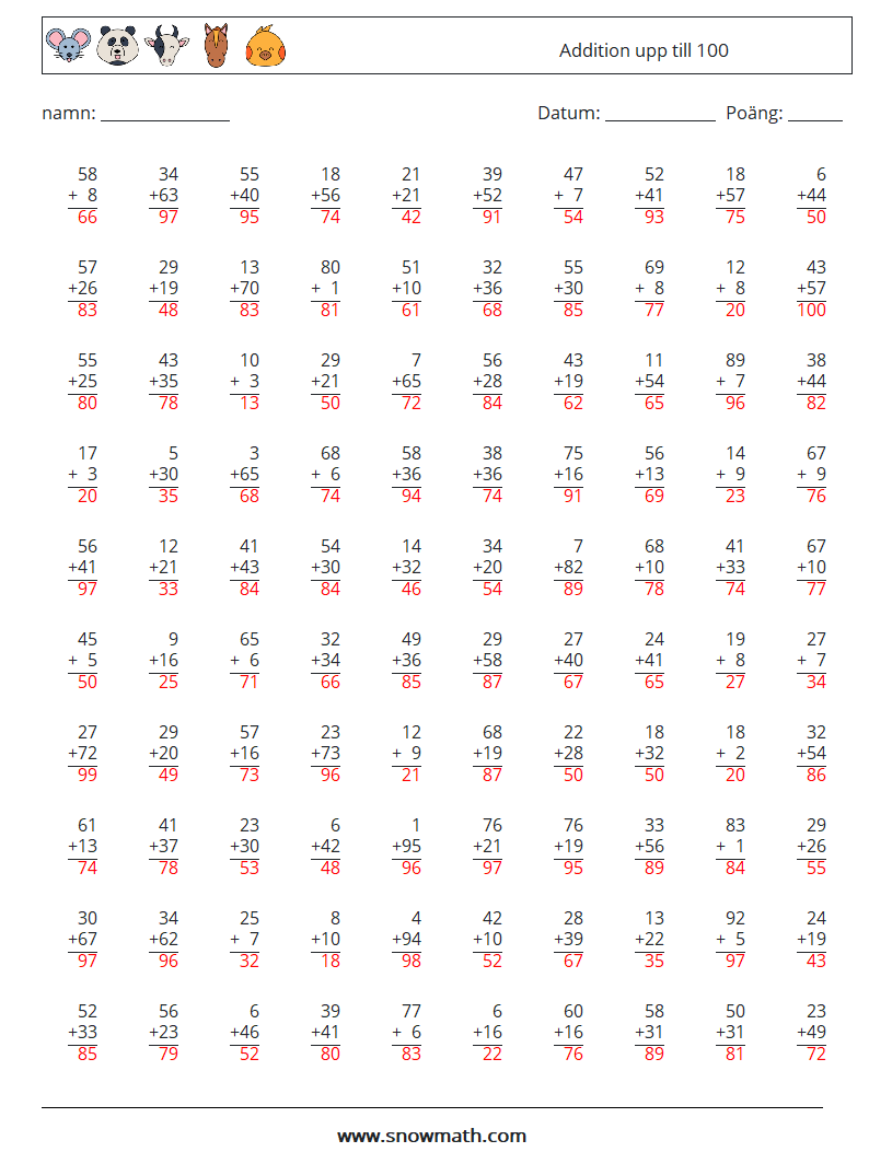 (100) Addition upp till 100 Matematiska arbetsblad 14 Fråga, svar