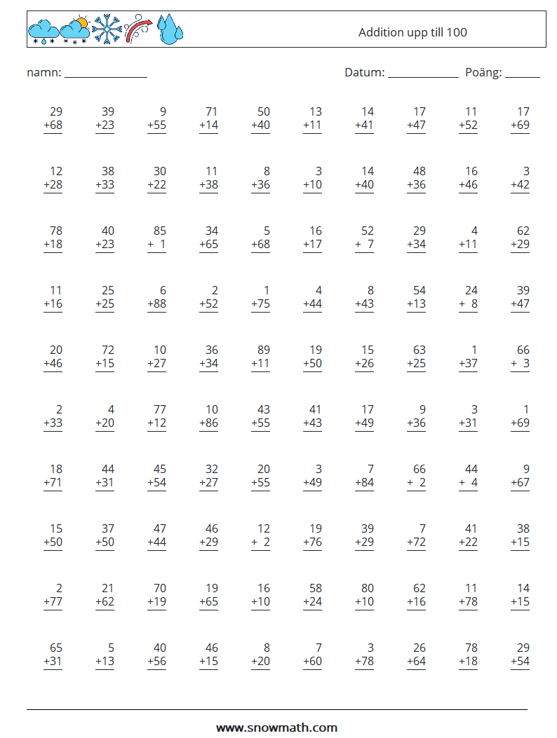 (100) Addition upp till 100 Matematiska arbetsblad 15