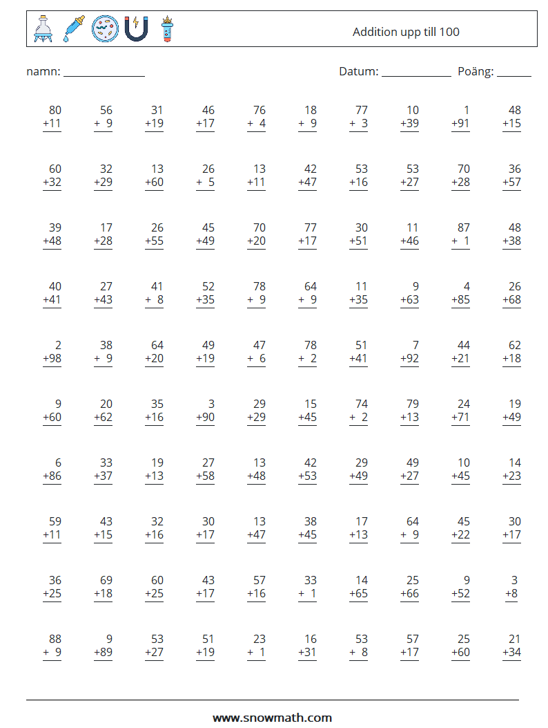 (100) Addition upp till 100 Matematiska arbetsblad 16