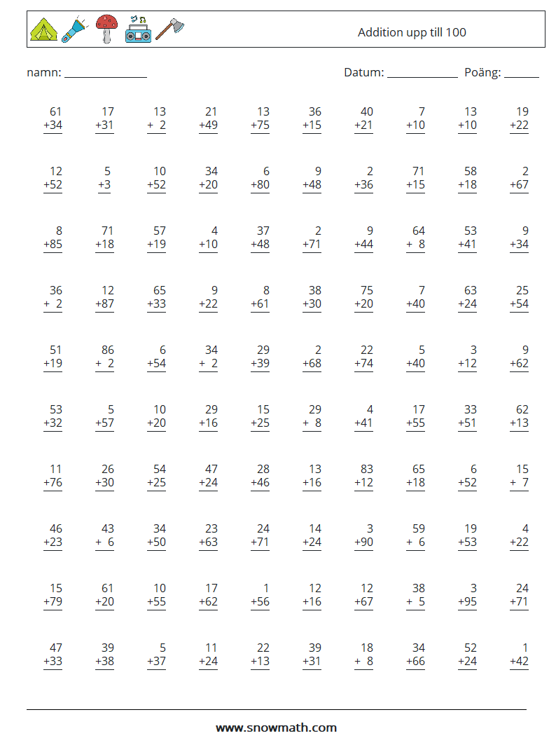 (100) Addition upp till 100 Matematiska arbetsblad 17