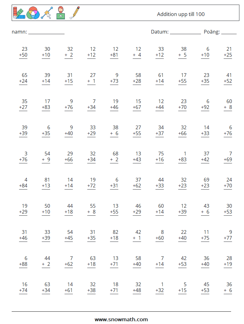 (100) Addition upp till 100 Matematiska arbetsblad 18