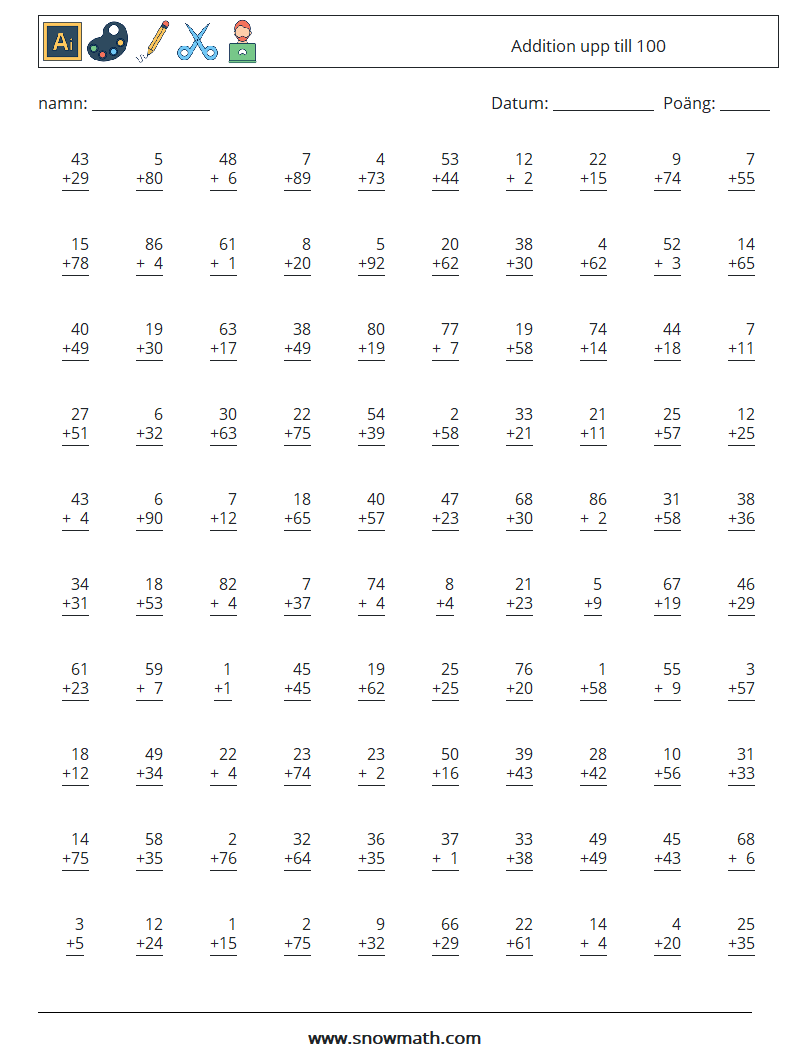 (100) Addition upp till 100 Matematiska arbetsblad 2