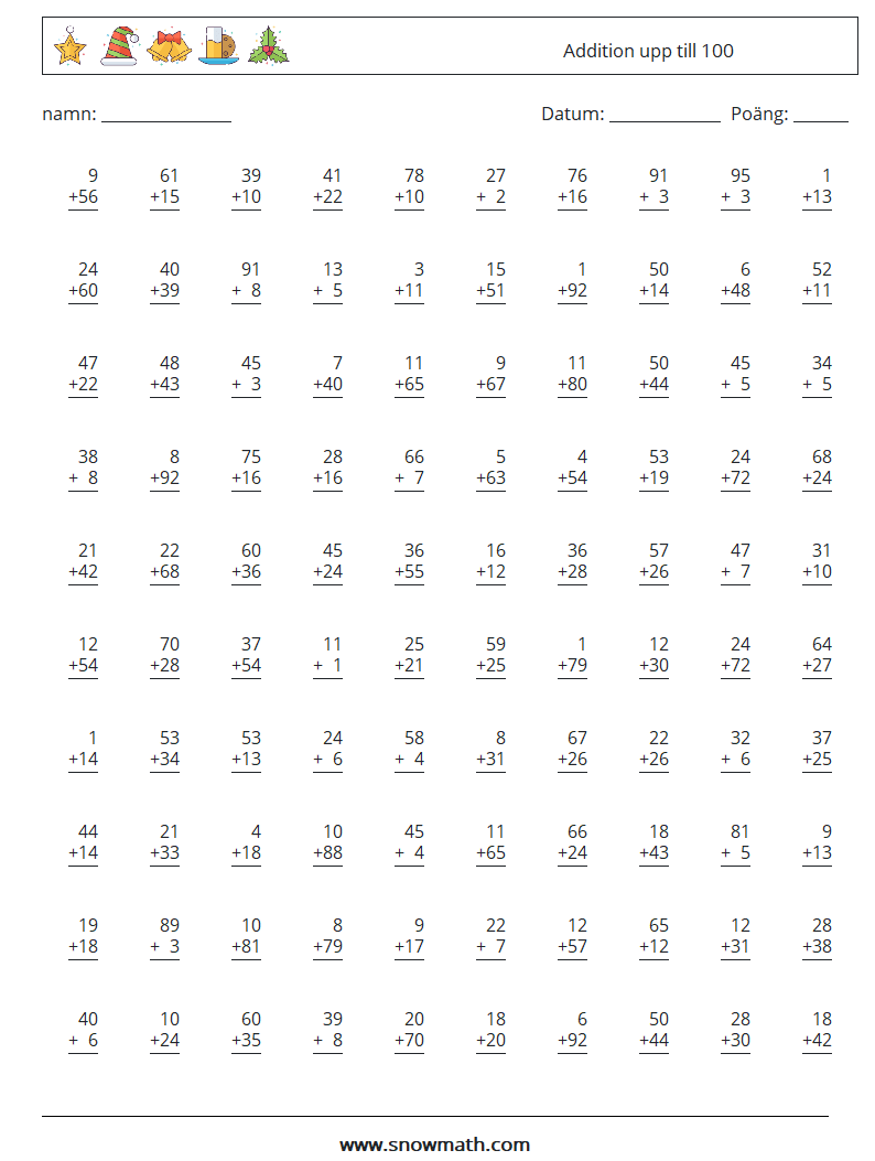 (100) Addition upp till 100 Matematiska arbetsblad 3