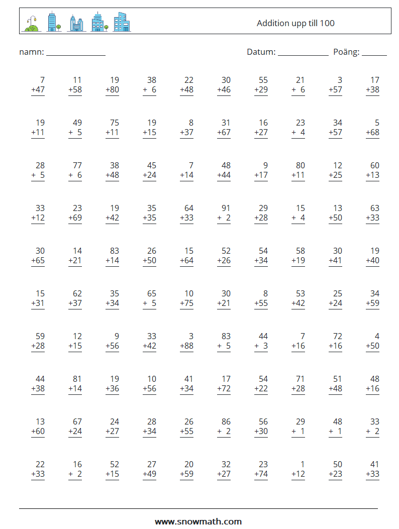 (100) Addition upp till 100 Matematiska arbetsblad 4