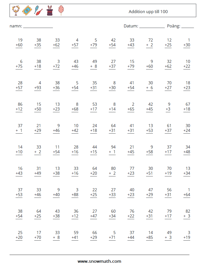 (100) Addition upp till 100 Matematiska arbetsblad 5