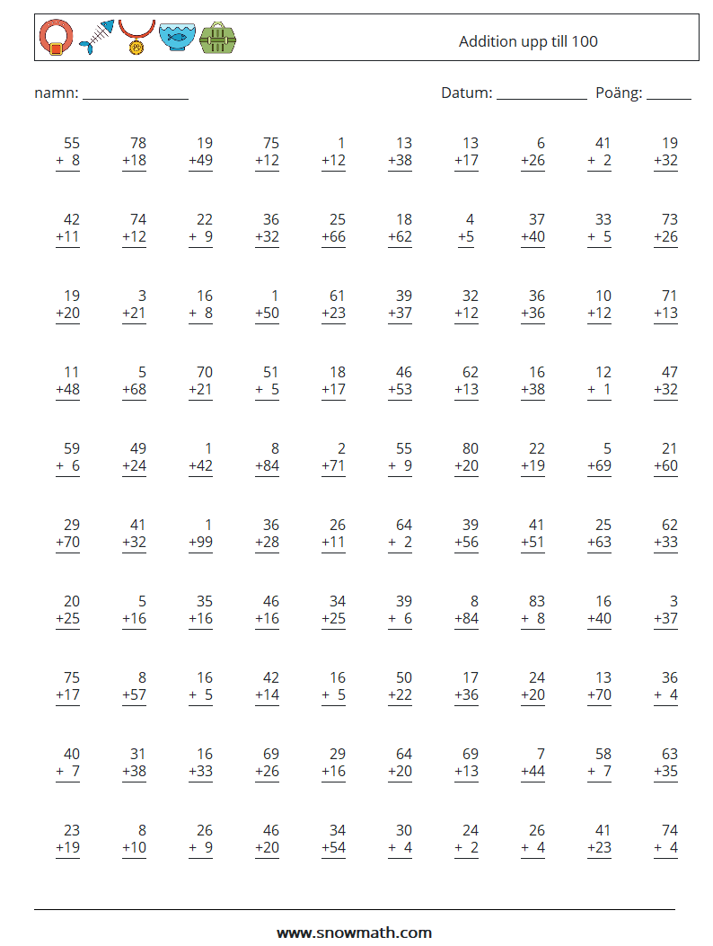 (100) Addition upp till 100 Matematiska arbetsblad 7