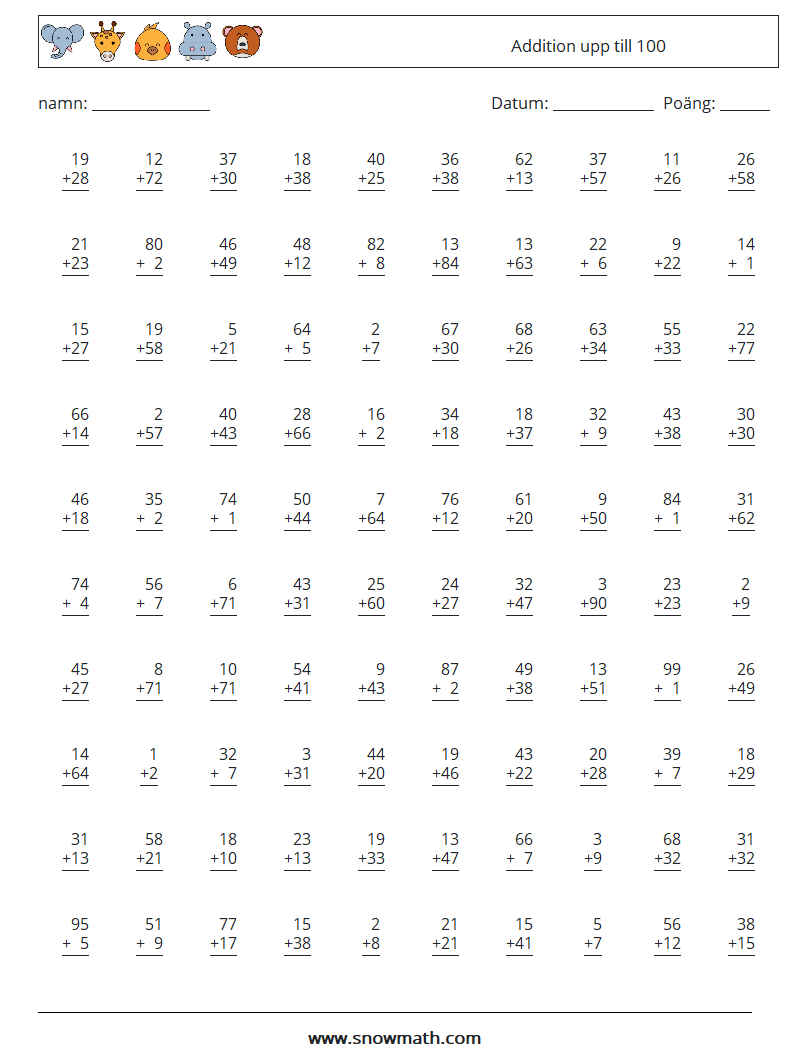 (100) Addition upp till 100 Matematiska arbetsblad 8