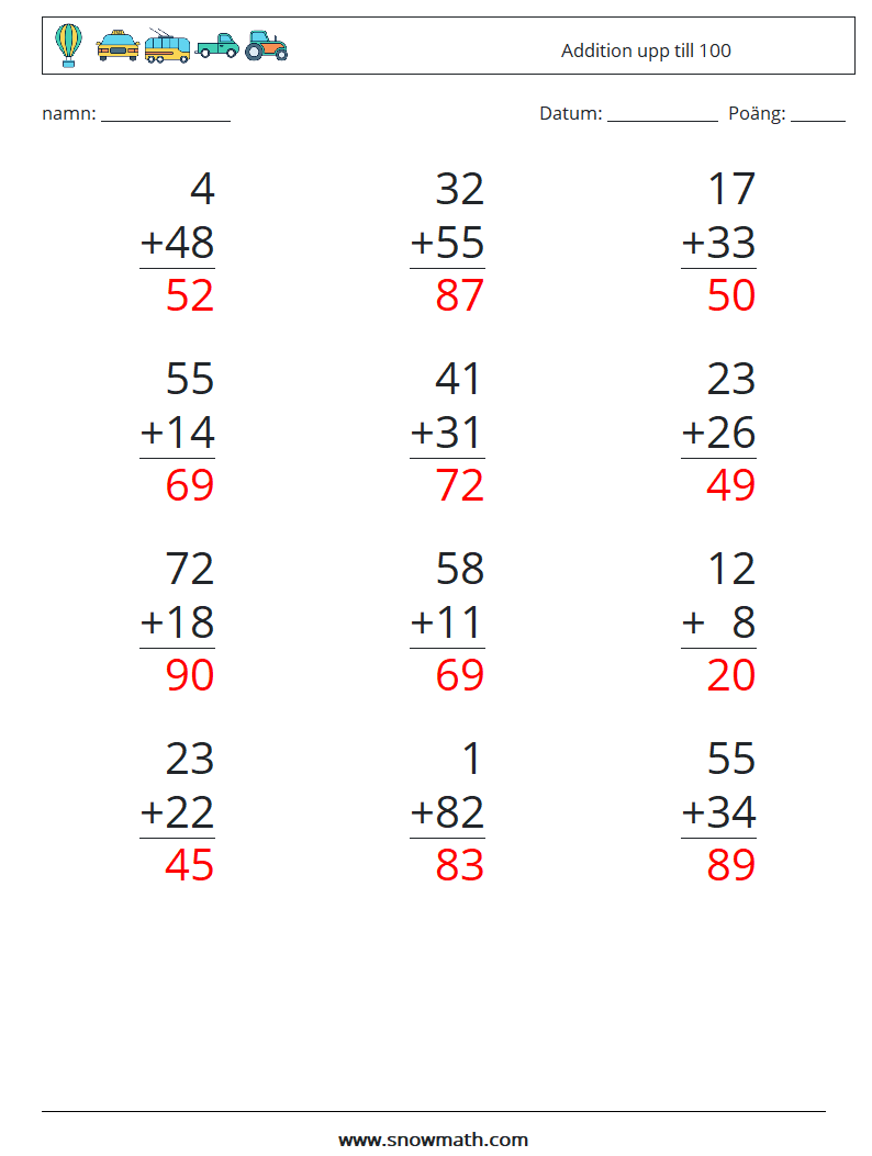 (12) Addition upp till 100 Matematiska arbetsblad 10 Fråga, svar