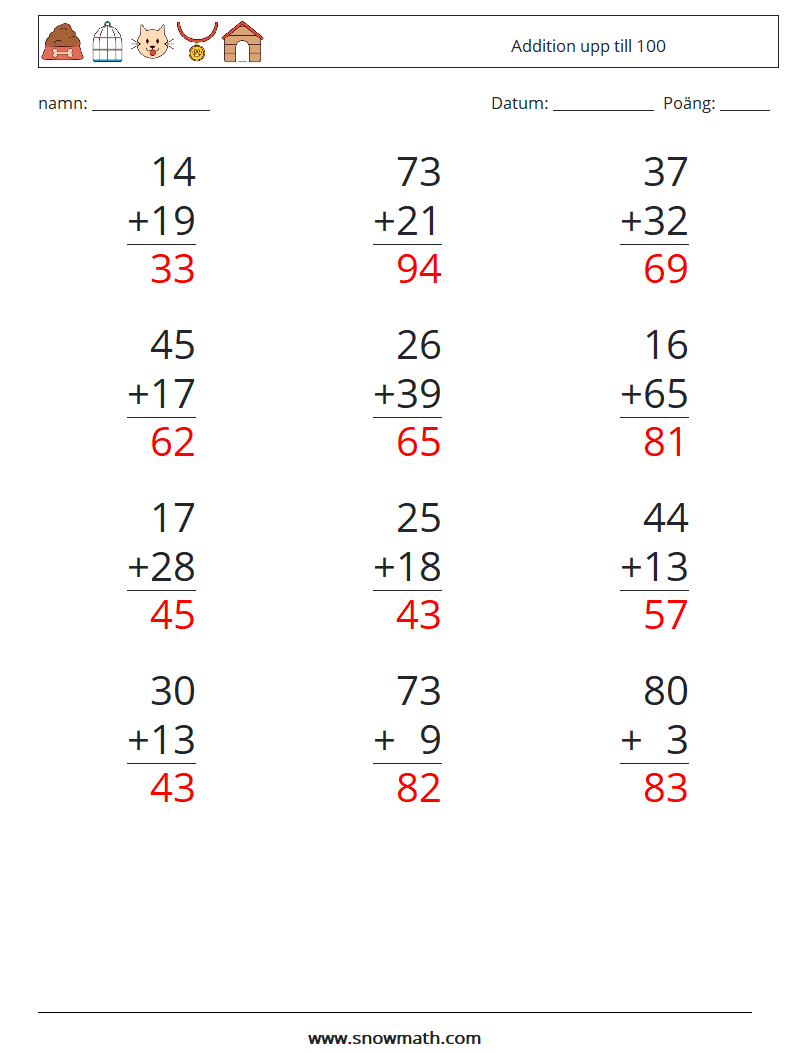 (12) Addition upp till 100 Matematiska arbetsblad 12 Fråga, svar