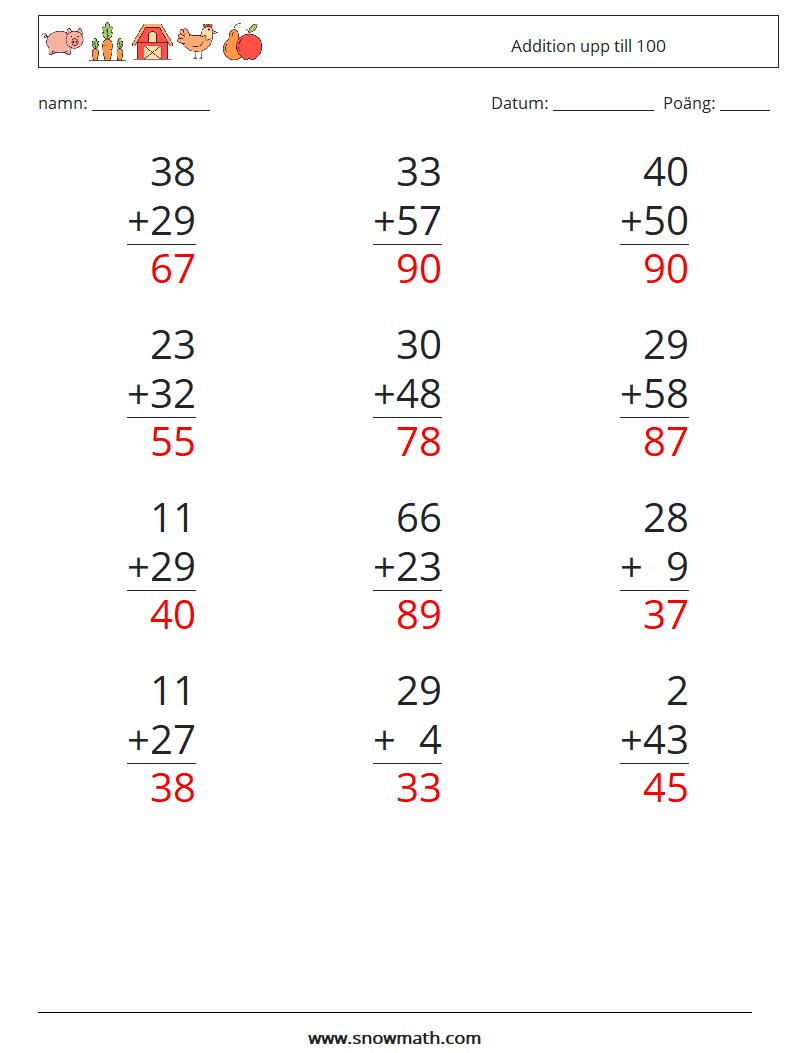 (12) Addition upp till 100 Matematiska arbetsblad 13 Fråga, svar