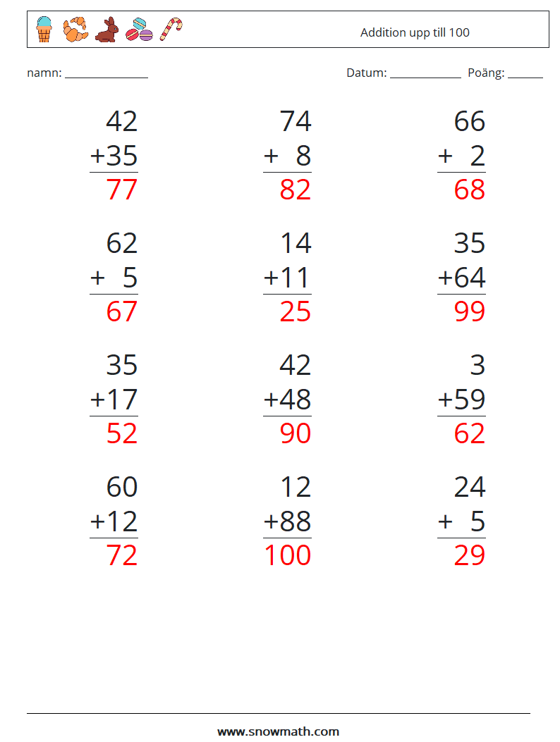 (12) Addition upp till 100 Matematiska arbetsblad 15 Fråga, svar