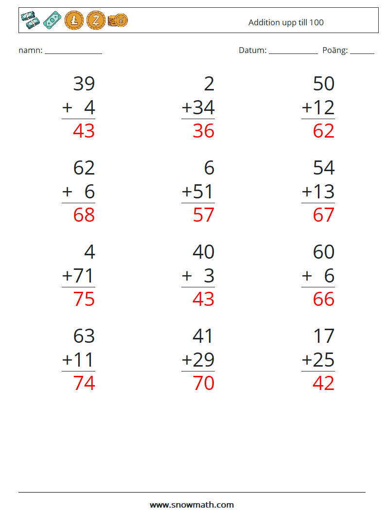 (12) Addition upp till 100 Matematiska arbetsblad 17 Fråga, svar