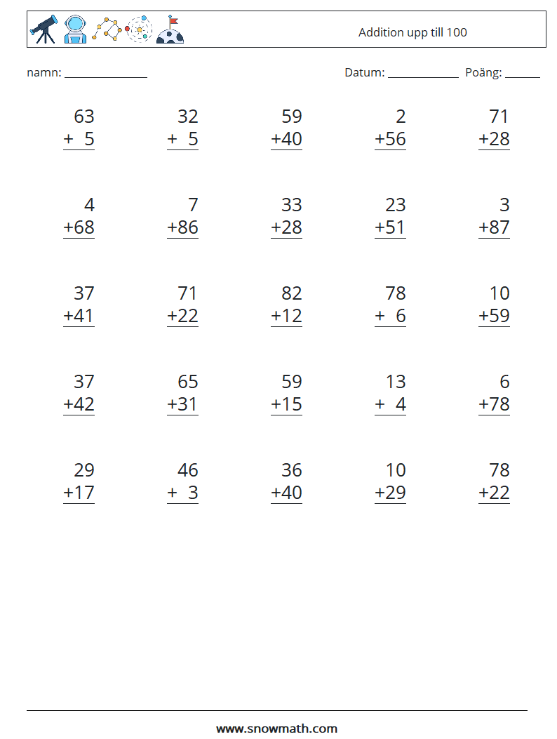 (25) Addition upp till 100 Matematiska arbetsblad 10