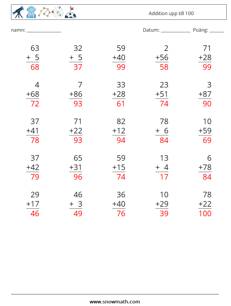 (25) Addition upp till 100 Matematiska arbetsblad 10 Fråga, svar