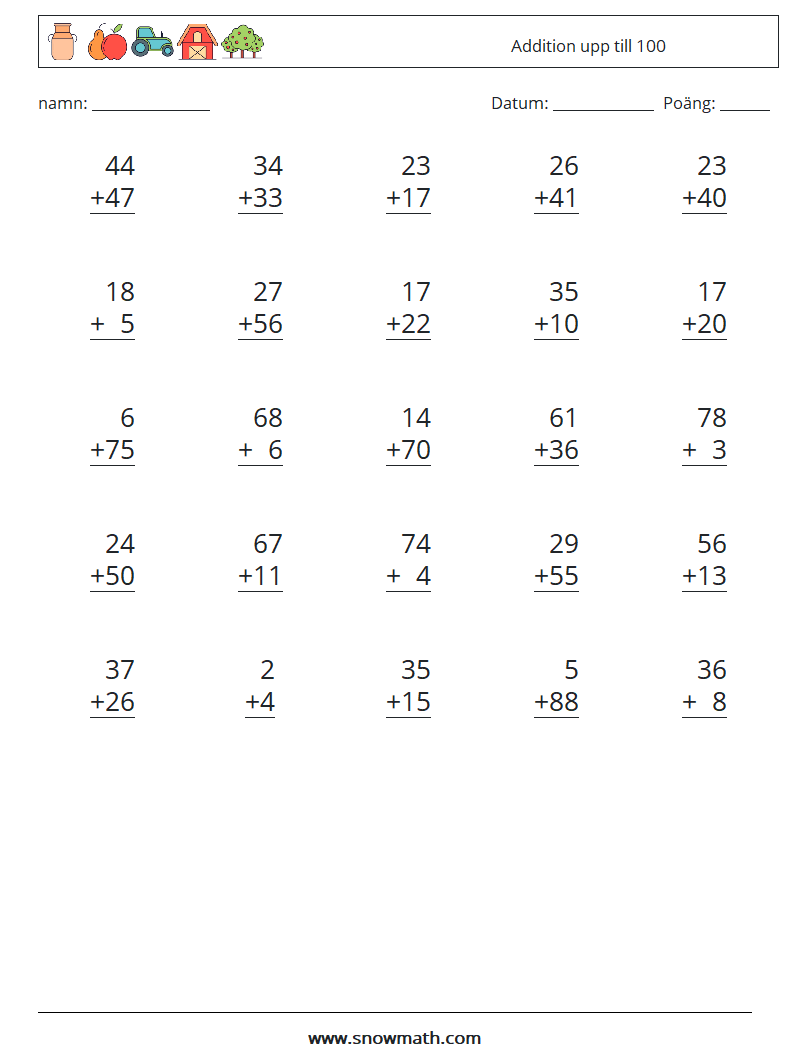 (25) Addition upp till 100 Matematiska arbetsblad 11