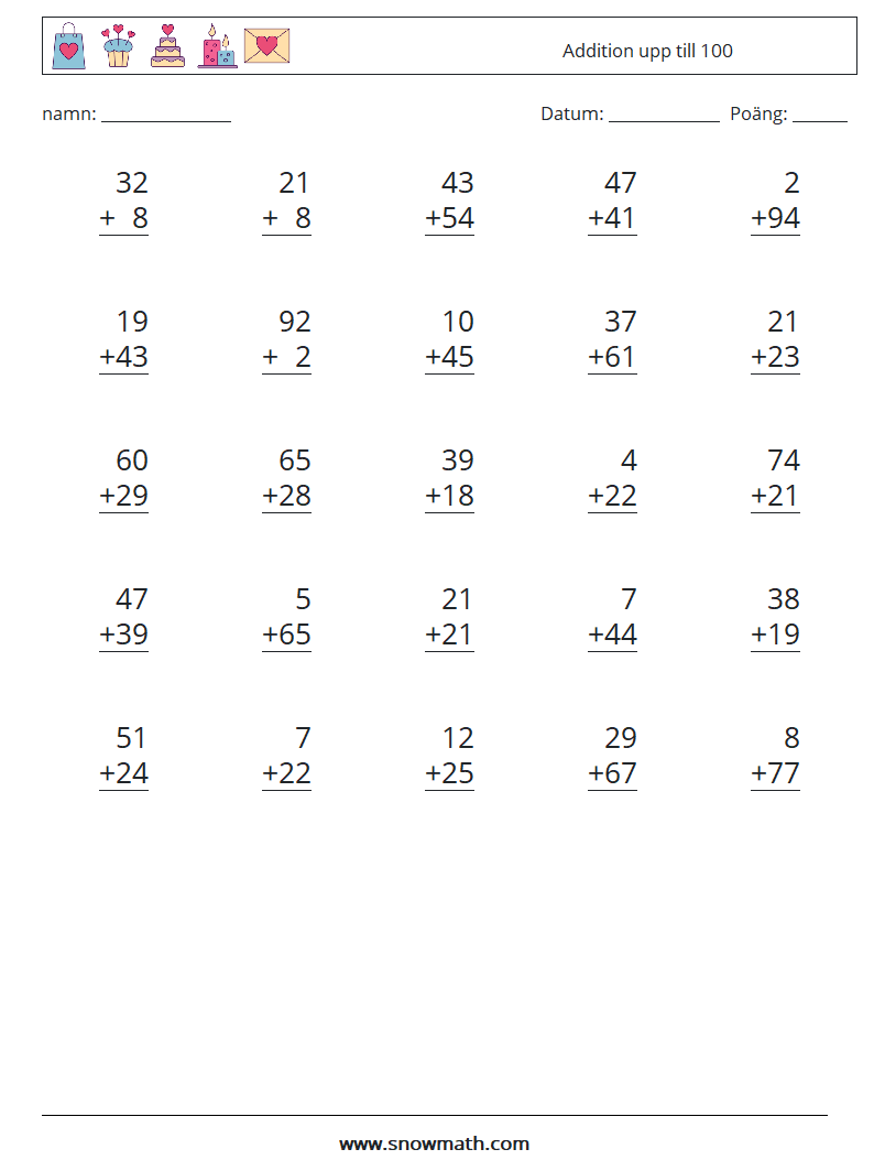 (25) Addition upp till 100 Matematiska arbetsblad 14