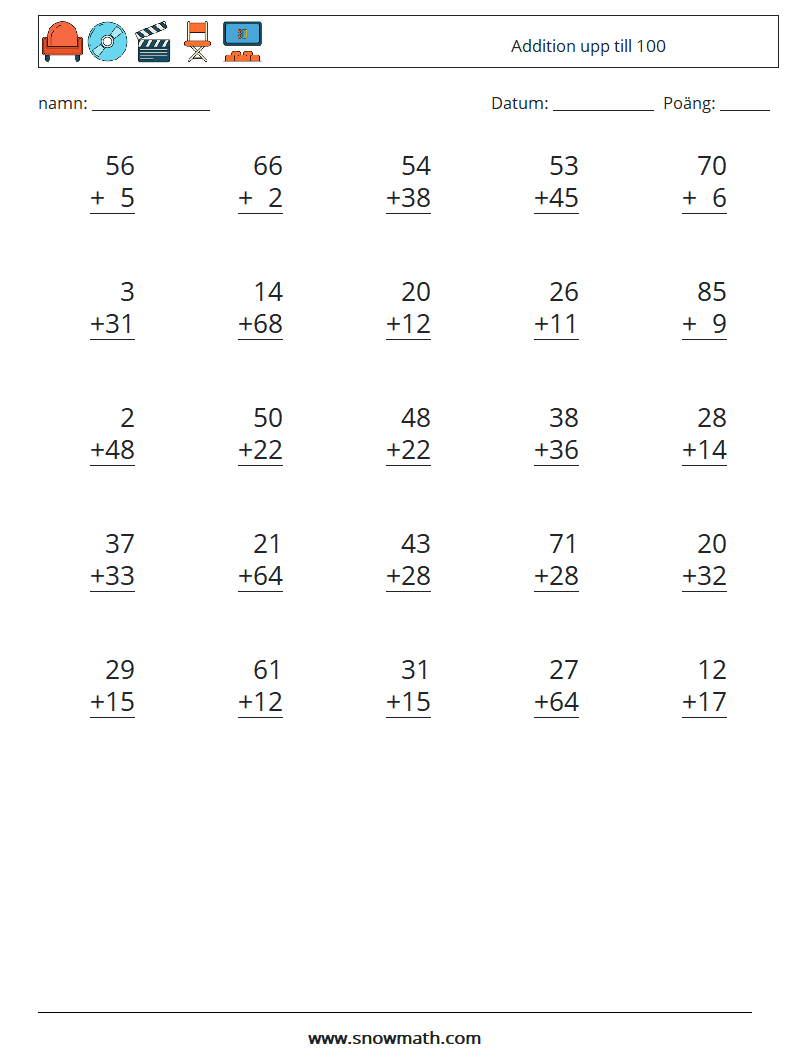 (25) Addition upp till 100 Matematiska arbetsblad 15
