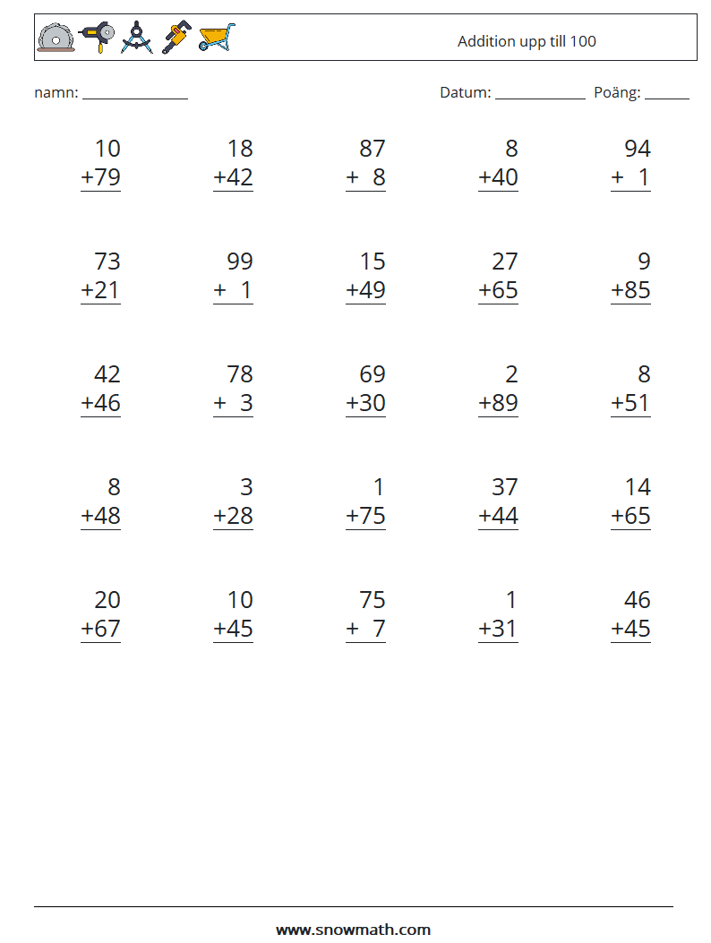 (25) Addition upp till 100 Matematiska arbetsblad 16