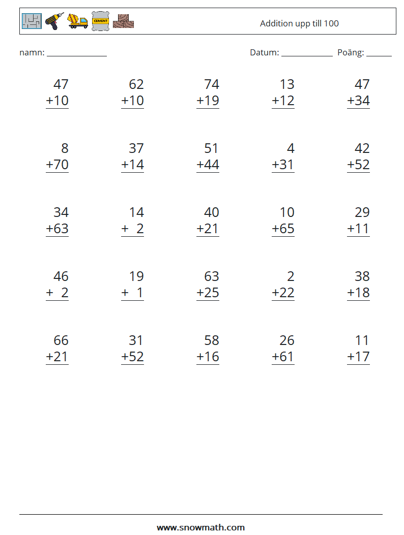(25) Addition upp till 100 Matematiska arbetsblad 17