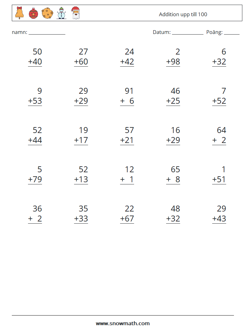 (25) Addition upp till 100 Matematiska arbetsblad 18