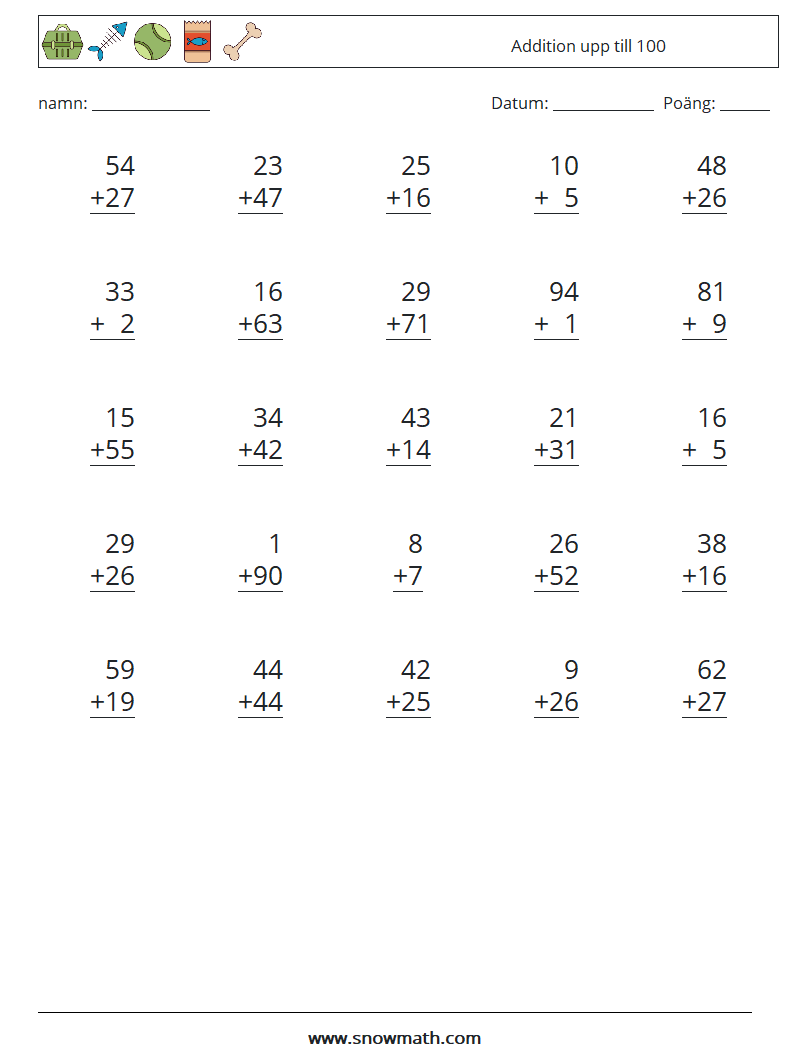 (25) Addition upp till 100 Matematiska arbetsblad 2
