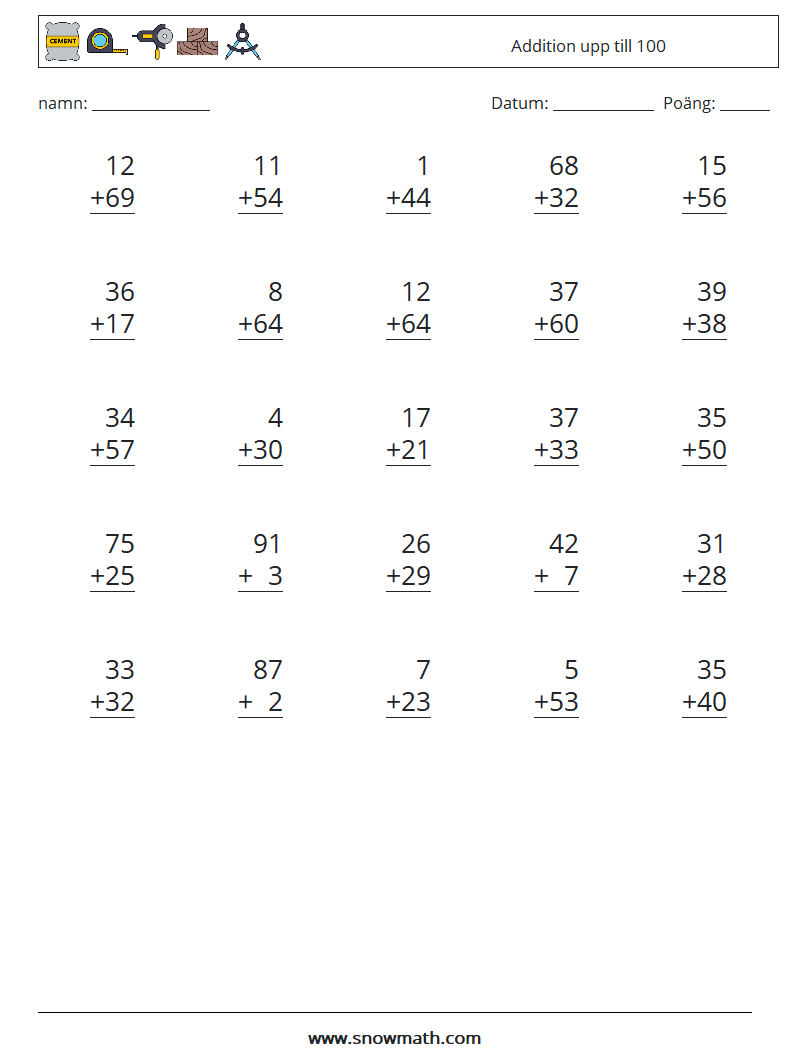 (25) Addition upp till 100 Matematiska arbetsblad 3
