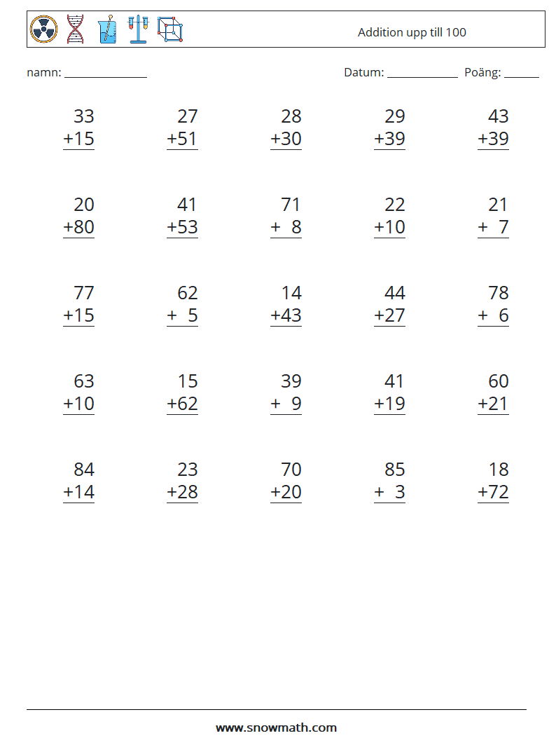 (25) Addition upp till 100 Matematiska arbetsblad 4