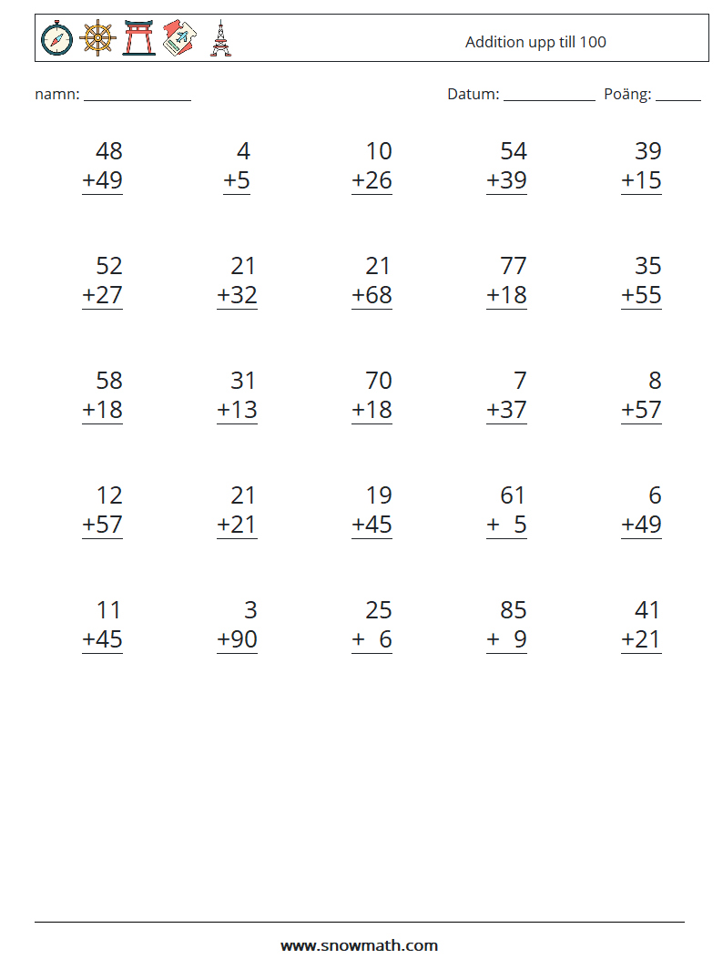 (25) Addition upp till 100 Matematiska arbetsblad 5