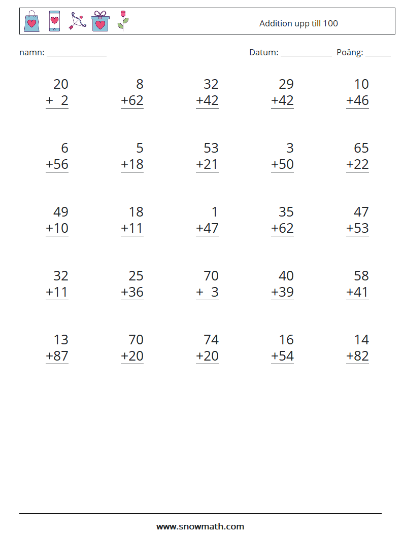 (25) Addition upp till 100 Matematiska arbetsblad 6