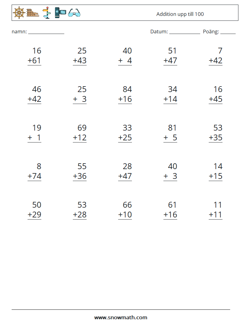 (25) Addition upp till 100 Matematiska arbetsblad 7