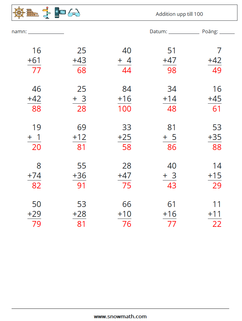 (25) Addition upp till 100 Matematiska arbetsblad 7 Fråga, svar