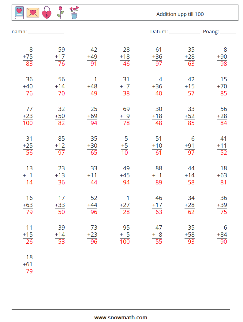 (50) Addition upp till 100 Matematiska arbetsblad 11 Fråga, svar