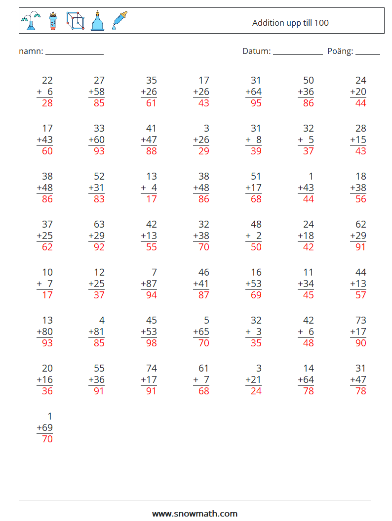 (50) Addition upp till 100 Matematiska arbetsblad 12 Fråga, svar