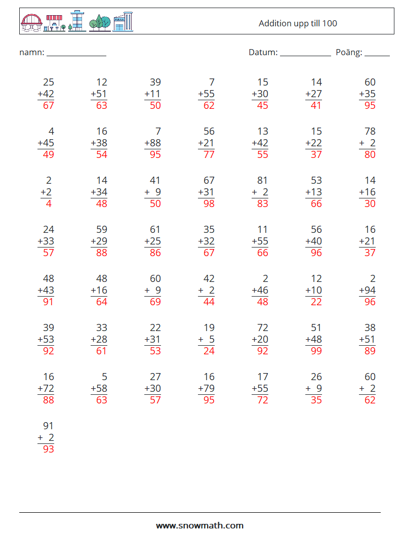 (50) Addition upp till 100 Matematiska arbetsblad 15 Fråga, svar