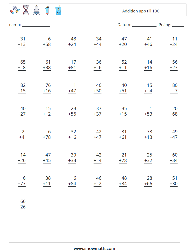 (50) Addition upp till 100 Matematiska arbetsblad 2