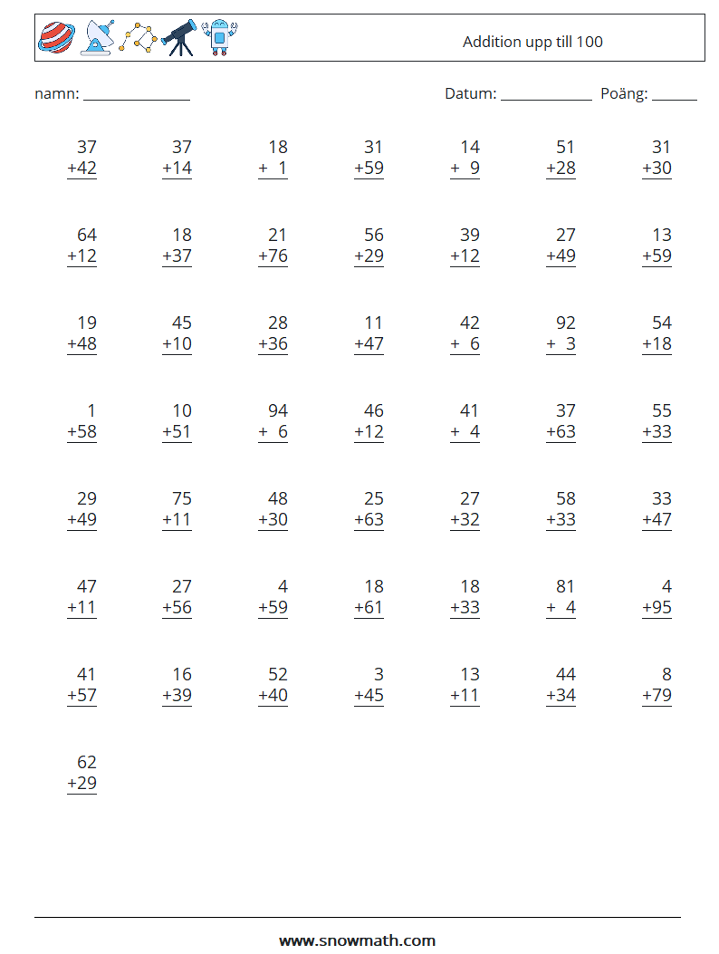 (50) Addition upp till 100 Matematiska arbetsblad 7