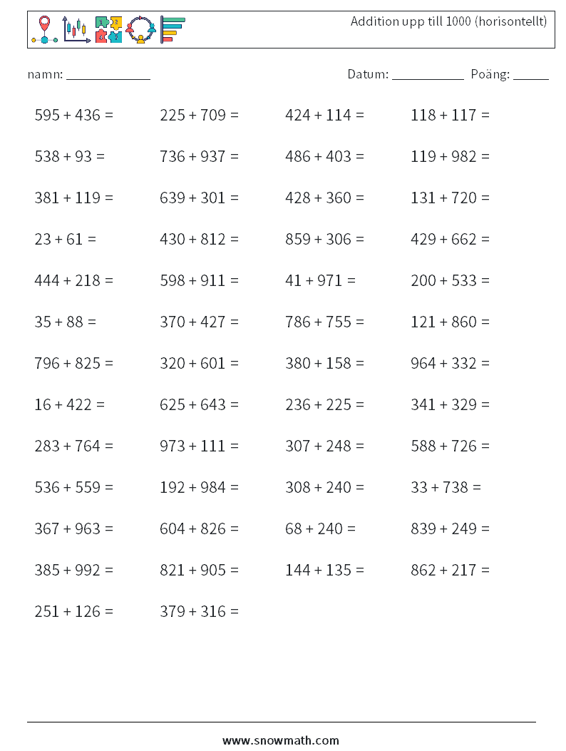 (50) Addition upp till 1000 (horisontellt) Matematiska arbetsblad 2