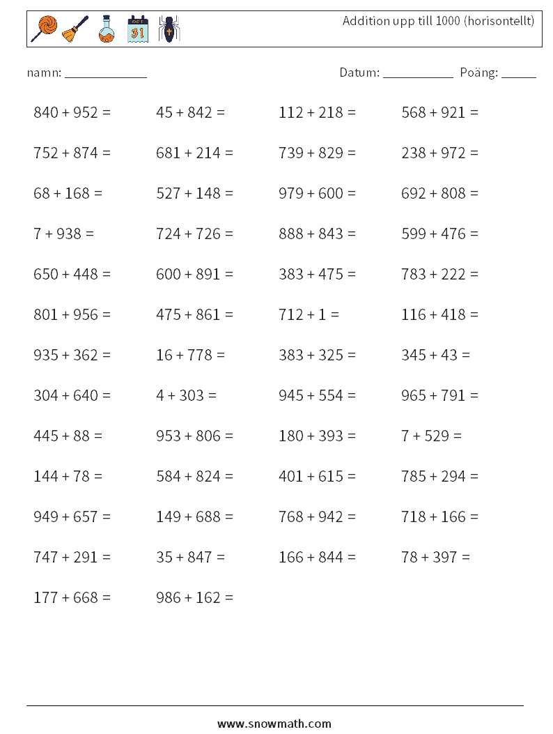 (50) Addition upp till 1000 (horisontellt) Matematiska arbetsblad 3