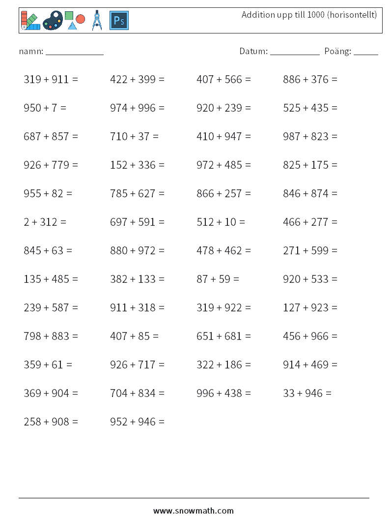 (50) Addition upp till 1000 (horisontellt) Matematiska arbetsblad 4