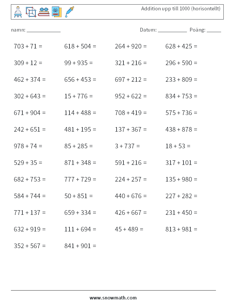 (50) Addition upp till 1000 (horisontellt) Matematiska arbetsblad 6