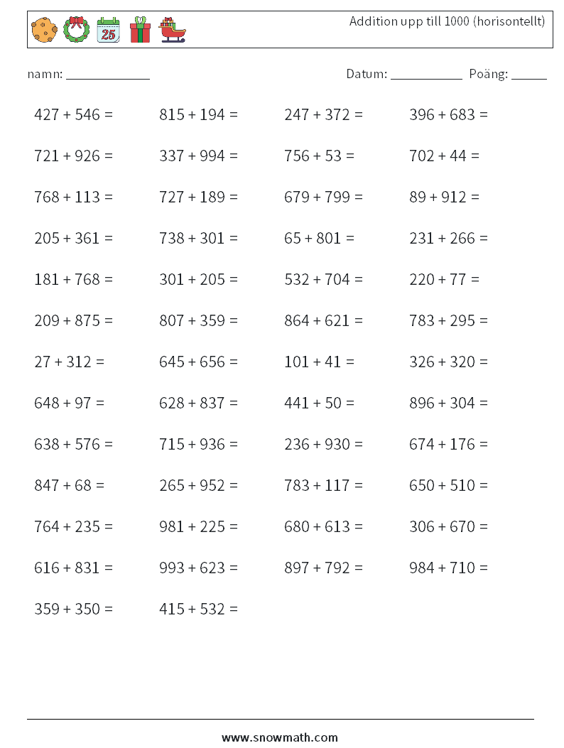 (50) Addition upp till 1000 (horisontellt) Matematiska arbetsblad 8