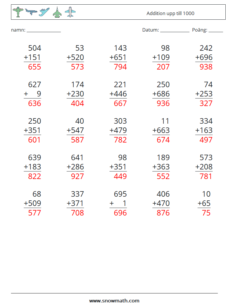 (25) Addition upp till 1000 Matematiska arbetsblad 11 Fråga, svar