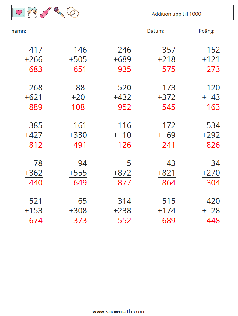 (25) Addition upp till 1000 Matematiska arbetsblad 16 Fråga, svar